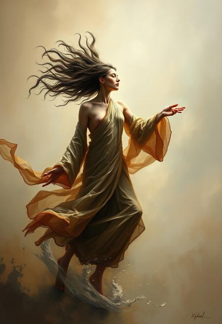 The thought provoking ideas of a Siberian shaman, fluid motion, soft muted tones, atmospheric lighting, rich textures, ethereal beauty, figurative painting, delicate shadows, elegant composition, emotional depth, realistic details, dreamlike quality, human form in movement, abstract backgrounds, expressive poses, subtle highlights, serene ambiance, classical inspiration, timeless grace, dynamic elegance