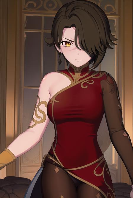 cinder fall, short hair, black hair, (yellow eyes:1.5), thighhighs, gloves, jewelry, boots, shorts, black gloves, belt, cape, thigh boots, bandages, dress, black dress, black cape, eyepatch, gloves, dress, jewelry, earrings, black gloves, elbow gloves, (hair over one eye:1.5), tattoo, scar, chinese clothes, red dress, china dress,