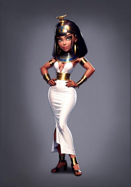 European and American cartoons, game characters, original design, 1girl, solo, egyptian, egyptian clothes, jewelry, breasts, black hair, hand on hip, looking at viewer, full body, earrings, sandals, smile, grey background, medium breasts, dark skin, green eyes, standing, dress, dark-skinned female, bangs, makeup, anklet, bracelet, eye of horus, blunt bangs, armlet, hoop earrings, white dress<lora:CG Game ouka:1>