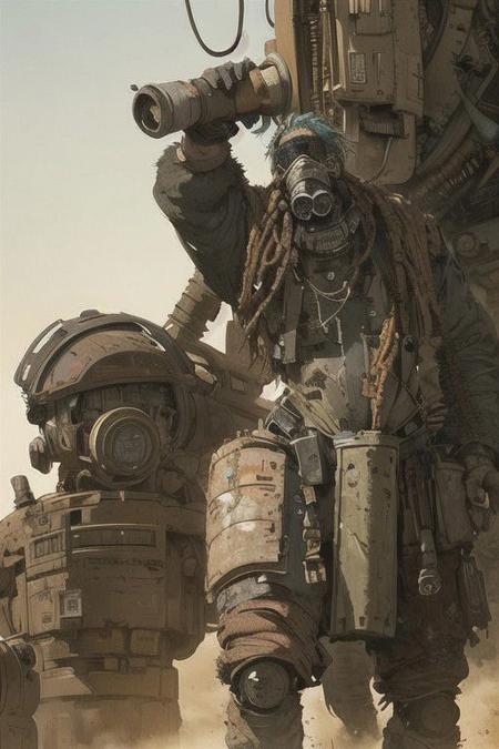 Midjourney aesthetics, 2d artwork, <lora:Scavengers:0.5>, upper body, a man on  watelands,  dreadlocks, gas mask, mech, dust, post apocalytic aesthetics, rusted heavy machinery on the background,  artistic approach, dynamic motion pose,