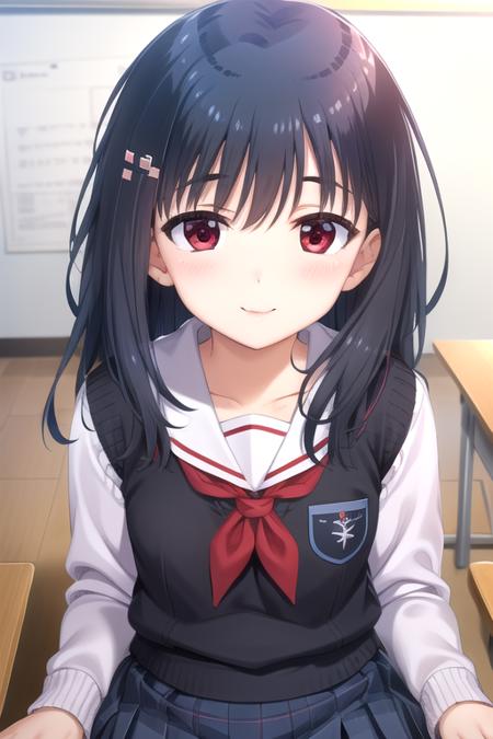 Onami Akane long hair,black hair,hair ornament,red eyes sweater vest,serafuku,white shirt,long sleeve shirt,red neckerchief,small breasts,blue skirt,pleated skirt,plaid skirt,black pantyhose,loafers