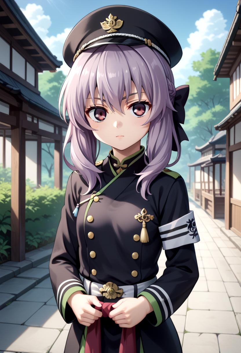 score_9, score_8_up, score_7_up,, BREAK ,   outside, japanese style houses,  looking at viewer,  vivid colors, masterpiece, high quality, very_high_resolution, large_filesize, full color, detailed face,  solo,    pose,  
 <lora:Shinoa_Hiiragi:0.7> Shinoa Hiiragi, black military uniform  with green accents