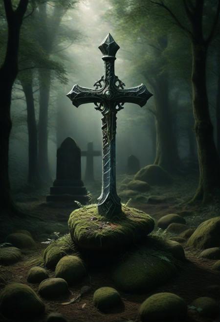 A detailed image of an enchanted medieval fantasy sword thrust into a large, clean boulder that serves as a gravestone. The sword is vertical, resembling a cross, with the blade driven in slightly more than halfway. The sword appears ancient, with a slightly glowing blade and intricate details on the hilt. The boulder is clean and solid, not covered in moss, and the grave is relatively new. The scene is somber and mystical, set in a quiet, slightly overgrown graveyard.
