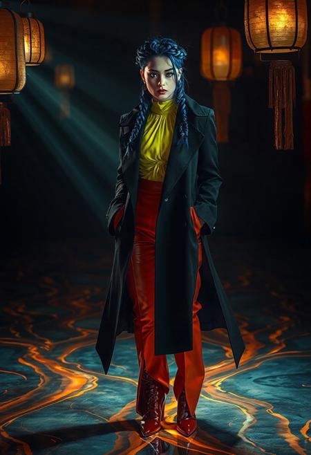 A hyper-realistic, cinematic fashion editorial featuring a woman with alabaster skin and cobalt blue hair styled into intricate braids that form a crown-like design around her head. She wears a long, avant-garde matte black coat with exaggerated, flowing tails and a high Mandarin collar, creating a dramatic silhouette. Beneath the coat, a chartreuse top with a ruched high neck contrasts with high-waist burnt orange trousers that flare dramatically at the hips. Her glossy red high-heeled boots click against a surreal floor resembling molten glass, with glowing orange and yellow streaks frozen mid-flow. The lighting is intense, with sharp shadows falling on the left half of her face, highlighting her green-blue eyes, which are illuminated by lanterns. The shadows create a dynamic pattern that accentuates her facial features, while the warm color grading and ambient occlusion enhance the depth and realism of the scene. The background is dark and out of focus, isolating the subject and amplifying the mysterious, powerful mood. The textures of her skin, hair, and clothing are rendered with ultra-sharp focus, emphasizing the photorealistic quality of the image. This portrait captures a blend of elegance, surrealism, and raw intensity, with every detail meticulously crafted to evoke a sense of intrigue and allure.