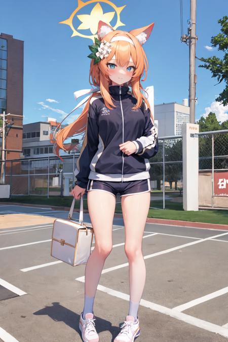 masterpiece, best quality, ultra-detailed, 1girl, animal ears, mari, gym uniform, medium breasts, sidelocks, long hair, track jacket, shorts, full body, halo, standing <lora:mariV1:1>