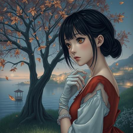 (photorealism:1.5)
Tomie Kawakami from Junji Ito collection,  thoughtful expression, gazing at the majestic tree, falling leaves,  calm coastal village in the background, night time, pale colors, high contrast, hyper-realistic, serene atmosphere, pensive pose, detailed, high-definition, reflective mood, peaceful setting,
slight freckles, long eyelashes, thick eyebrows, torn pelvic sheer curtain, bridal gauntlets, torn red dress,