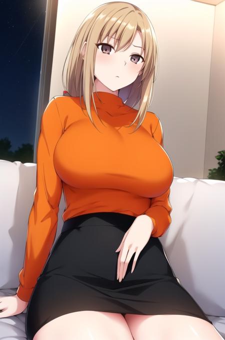 (Night:1.7), Cyberpunk_CityView, Before Window,
sitting at attention,sitting on couch,
orange_shirt,Pencil_Skirt,
<lora:SakimiAyaseV1:0.85>,<lora:aiueOkaStyle_v10:0.1>, <lora:saiminSeishidou:0.1>,
blonde_long_hair,brown_eyes,
1 girl,Solo, Manga,20yo,mature female,Beautiful Finger,Beautiful long legs,Beautiful body,Beautiful Nose,Beautiful character design, perfect eyes, perfect face,
looking at viewer, (innocent_big_eyes:1.0),(expressionless:1.3),
official art,extremely detailed CG unity 8k wallpaper, perfect lighting,Colorful, Bright_Front_face_Lighting,
(masterpiece:1.0),(best_quality:1.0), ultra high res,4K,ultra-detailed,
photography, 8K, HDR, highres, absurdres:1.2, Kodak portra 400, film grain, blurry background, bokeh:1.2, lens flare, (vibrant_color:1.2)
(Beautiful,large_Breasts:1.4), (beautiful_face:1.5),(narrow_waist),