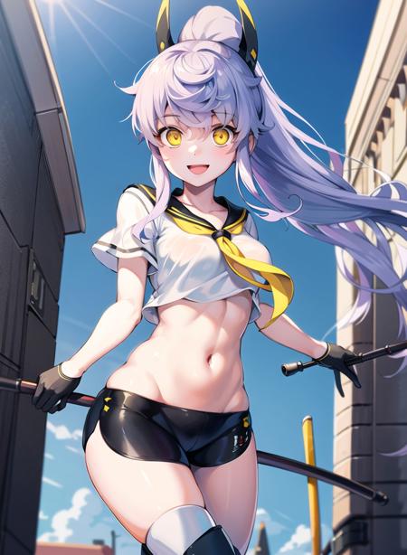 1girl,masterclass,best quality, illustration, PurifierDefault, outdoors,city,standing,day,  black_gloves, black_shorts, crop_top, headgear, looking_at_viewer,  midriff,    ponytail,  sailor_collar, sailor_shirt,  short_sleeves,  smile,   thigh_boots,   yellow_neckerchief,  micro_shorts, black_sailor_collar,  <lora:purifier_D8_V2_e6:1>