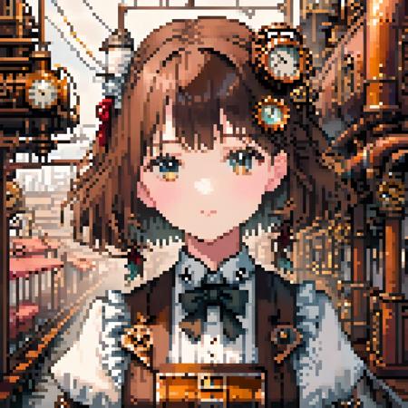 <lora:pixel_stormXL:1>,pixel art,
anime,upper body,closed up,(extremely detailed CG unity 8k wallpaper),(masterpiece),(best quality),(ultra-detailed),(best illustration),(best shadow),(an extremely delicate and beautiful),dynamic angle,floating,finely detail,(bloom),(shine),glinting stars,classic,(painting),(sketch),Taisho steampunk,(steampunk:1.2) (1girl:1.7),(2020s),(cute face:1.3),anime face,((solo)),beautiful detailed face,shiny hair,colorful clothes,(kimono),(Japanese maid),maid dress,maid headdress,hair flower,hair ornament,(Frill),Brass Pocket Watch,extremely delicate and beautiful girls,beautiful detailed eyes,cowboy shot,steam train,building architecture,(Japanese style architecture),(street:1.2),