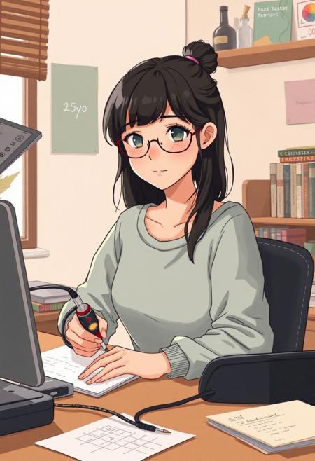 a 25yo girl using a soldering iron at a desk, student bedroom, strong minded, studious, geek, simple drawing, 2D, warm color palette, matte colors, natural lighting, realistic face