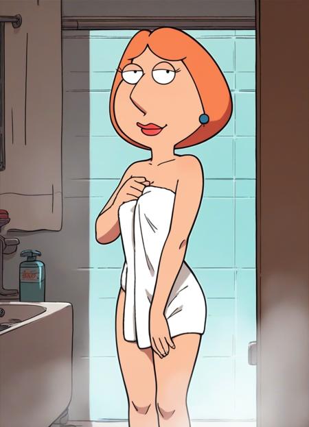 score_9, score_8_up, score_7_up, loisgriffin, 1girl, source_cartoon, orange-hair, in the bathroom, towel,
 <lora:LoisGriffin-PonyXL:1>
