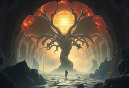 A universe inside a universe within mysteriously unknowable known in an unfathomable realm of fantastic creation inhabited by ancient shadows of a forgotten time beyond the gate of the gateless gate where life is limitless, light is shadow and shadow is light, eerie sense, horror, spark of the beginning, existence and nonexistence at once, ethereal, behold the end of the beginning, inglorious glory to the dark one, betrayal of the ancient order, beware the 7headed beast, destroyer of the old ways, bearer of the unbearable, nightmarish, archaic runes, tree aging backwards, breath of the gods, ruins of a place unimagined, extreme intricate detail, photorealistic, beyond epic scene, fate discarded, unseeable face of god, the end is the beginning, the beginning is the end, man arises as god dies, as above so below, as below so above, emerald tablet, thoth, guardian and saboteur of existence, hopeless hope, ghosts of the unborn, conception of the inconceivable, cosmic well of imperceptible perception, evil aura, infinite emptiness, pillars of void, overwhelming subtlety, abstract sacred geometry, beams of readiness without intention, gift of doom, despair of the ages, hidden secret warnings from dead gods, carved by the conductor of unholy loneliness of time incarnate, consumed by the night itself, beautiful tragedy of hellish discovery, unraveling mist of unreal reality, philosophers stone, proclaim the nameless name of collapsed eternity, infernal maleficium, the great whore
