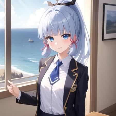 ((masterpiece)),(best quality),official art,extremely detailed CG,unity 8k wallpaper,ultra detailed,A lighthouse on a cliff by the sea,1girl,solo,upper body,(portrait:1.2),looking at viewer,high_ponytail,long_hair,blunt_bangs,blue_eyes,white_shirt,black_jacket,red_tie,hair_ornament,hair_ribbon,light_blue_hair,smile,sidelocks,medium breasts,pleated_skirt,long_sleeves,school uniform,blue_skirt,loafers,white_thighhighs,mole_under_eye,<lora:Kamisato Ayaka(gen)>,