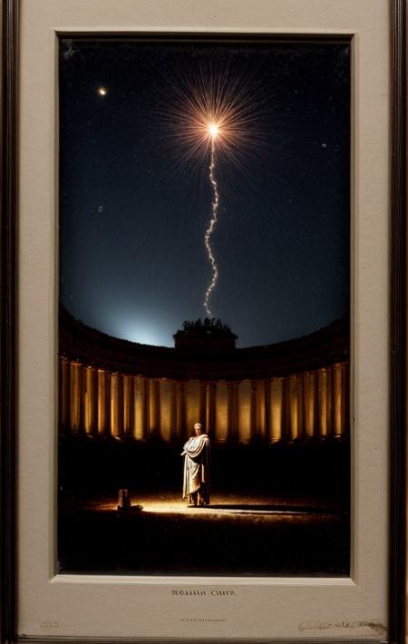 [Official Roman Empire] photo of an ((Roman Caesar with a bright comet with tail behind him))(phi golden ratio composition)BREAK [sombre occult Roman palace setting], [government ceremony], [pomp in abundance] (SURREALISTIC lighting) BREAK [low camera angle], [large format bellows camera with telephoto lens], in the style of [National Geographic magazine]<lora:MoreDetails:1> <lora:BetterHands:2>