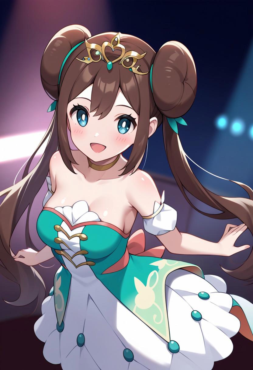 score_9, score_8_up, score_7_up, score_6_up, score_5_up, score_4_up, source_anime, aarosa, long hair, brown hair, double bun, twintails, tiara, blue eyes, choker, bare shoulders, white dress, green dress, detached sleeves, medium breasts, shiny skin, blush, smile, open mouth, expressive, sexy pose, stage, neon light, perfect anatomy