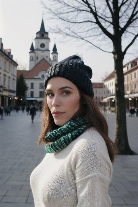 (Busty:1.2) slovenian woman, huge breasts silhouette, in the style of instant film, captivating gaze, looking at the camera, round face, Fujifilm Superia X-TRA 400, color negative film, noise, grain, romantic soft focus and ethereal light, --ar 3:2, beanie, full lips, tight wool sweater, scarf, winter day, town square with pinetrees background