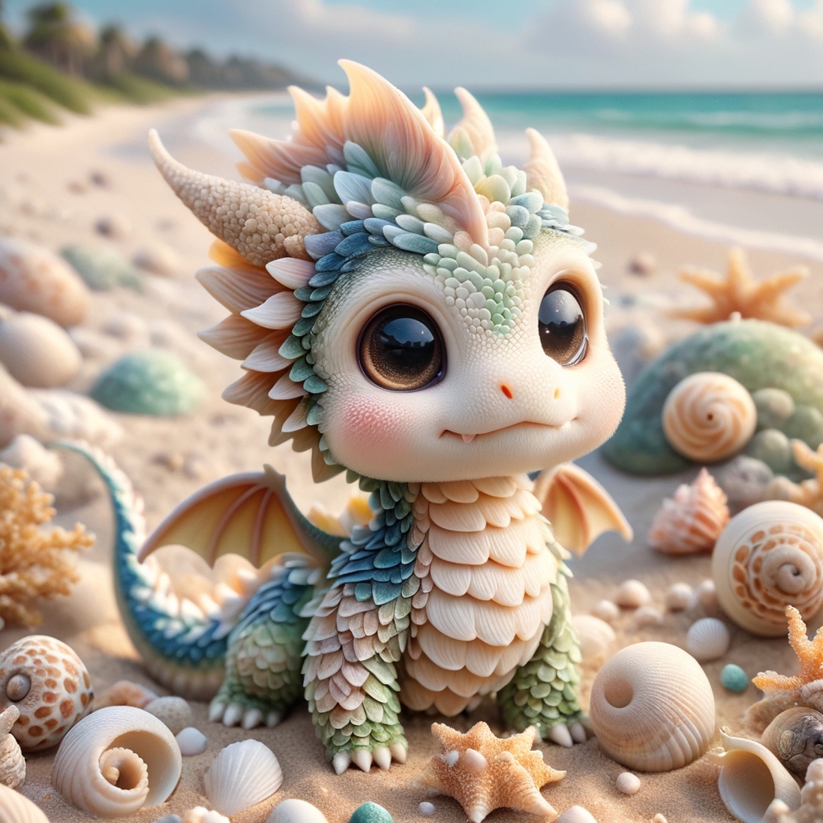 A cute dragon figurine on a sandy beach with seashells and a dragonfly.