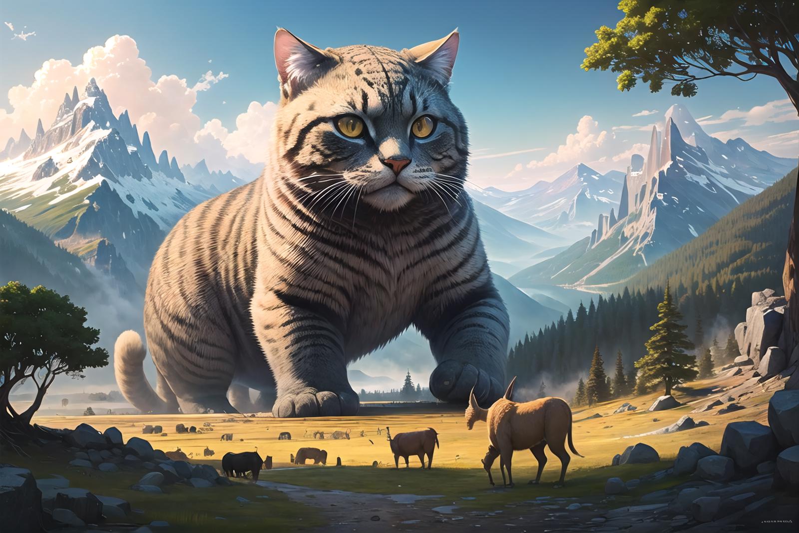 A Giant Tiger Cat Standing Over a Herd of Animals in a Mountainous Landscape