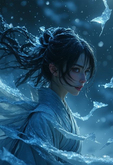 Medium close-up, Dutch tilt: Rukia leaps backward mid-combat, Sode no Shirayuki’s blade trailing diamond-dust ice shards. Her torn shihakushō reveals glowing reiatsu veins beneath frost-layered fabric. Inspired by Katsuya Terada’s chiaroscuro drama and CLAMP’s intricate linework—indigo shadows carve her silhouette against a split sky: left frozen obsidian, right blazing ochre. Glacial winds crystallize her breath; blood-tipped cherry blossoms orbit her like shattered vows. Textured ice armor fractures at her collar, exposing smoldering crimson threads. Mood: tragic resolve—a dance of destruction and restraint, light catching her split-second hesitation before the storm.