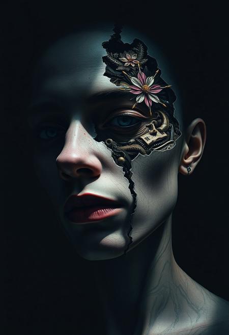 A half-dissolved face with deep shadows, giving the impression of decay and movement
,
hyper-realistic surrealism, geometric retro-futurism, dark yet playful atmosphere, sharp clean lines with painterly textures, bold cinematic color palette, eerie psychological depth, stylized layered compositions, surreal dreamscape with unnatural details, intricate figures against bold graphic shapes