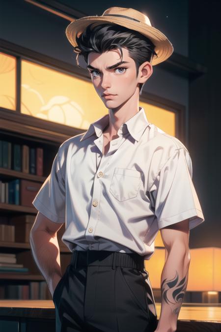 ((masterpiece)),((bestquality)),8k,high detailed,ultra-detailed,depth of field,extremely detailed CG unreal 8k,Anime style,Guido Daniele,<lora:add_detail:0.65>,
1boy,adult male,Slim body,handsome face,well-proportioned hands,Real Skin Texture,<lora:muscle_slider_v1:-0.257>,<lora:weight_slider_v2:-0.267>,
(portrait:1.15),[Bokeh lighting|Light painting|volumetric lighting|Top lighting|Uniform lighting],([tiptoe kiss|arms behind back|Spinning|Eating|Running|Kneeling|Soccer|Teasing|Washing]),(Short-sleeve dress shirt,Shorts,High-waisted pants,Panama hat,Skull tattoo),Pompadour Haircut,