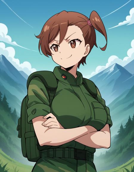 shino kuribayashi, short hair, brown hair, brown eyes, side ponytail, large breasts, uniform, military, military uniform, green uniform, skirt, jacket, miniskirt, pencil skirt, denim skirt, sweater, red sweater, brown jacket, collarbone,