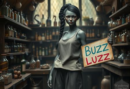 Surreal masterpiece, A stich Woman made out of dark cotton cloth in a magical alchemists shop.
She has black hair in braids and pulled into a ponytail, and dark cotton skin. She has clearly defined muscles and dresses in comfortable, sleeveless shirts and long, loose pants. She has stitch-marks around each shoulder and her neck, and stitches going all down her right arm.
She holds a sign with colourful lettering. (((I ran out of Buzz, while creating for the Wandering Inn.)))