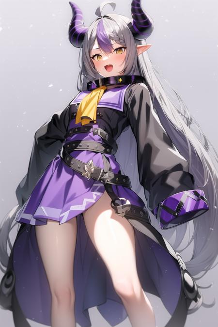 masterpiece, best quality, absurdres, perfect anatomy,
, 1girl, solo, Laplus, cowboy shot, grey hair, purple streak, yellow eyes, horns,
long sleeves, standing, :d, belt, collar, sleeves past wrists, ascot, v, single thighhigh, sleeves past fingers, yellow ascot, ankle cuffs