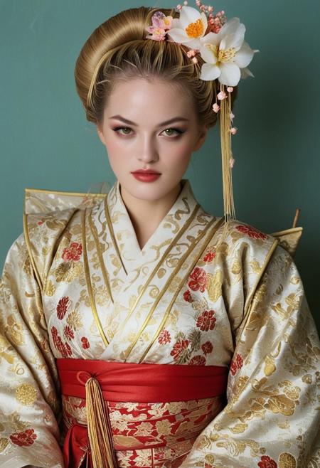 swiss model Julie ordon dressed and make up like a 18th century japanese geisha