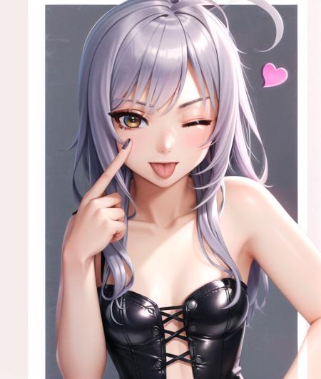 akanbe, tongue, tongue out, one eye closed, finger to eye, 1girl, medium breasts, light purple hair, heart ahoge, very long hair, brown eyes, wearing black punk style corset , sarong, incredibly absurdres, finely detailed, amazing, best quality, smooth, 4k wallapaper