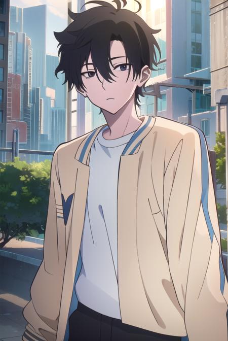 xiaoshi cheng, short hair, black hair, 1boy, hair between eyes, (black eyes:1.5), shirt, long sleeves, jacket, white shirt, pants, open jacket, black pants,