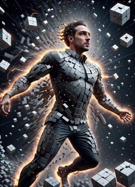 concept art concept art (Ultrarealistic:1.3) <lora:FFusion_WEEK_2_-_TOP_100:1> a man in a 3d animation with cubes flying around him, human body breaking away, explosion of data fragments, particles disintegration, crystallized human silhouette, intricate artwork. octane render, mind-bending digital art, intricate transhuman, digital art render, disintegrating, amazing octane render, digital art 4k unsettling, inspired by Igor Morski, (Infrared:1.3) . digital artwork, illustrative, painterly, matte painting, highly detailed
 . digital artwork, illustrative, painterly, matte painting, highly detailed