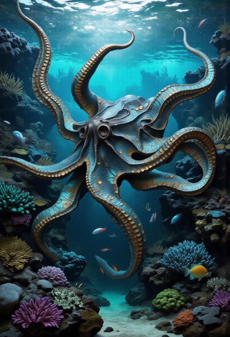 An extraordinary illustration of a majestic octopus in a dynamic underwater scene, its eight arms gracefully unfurling with mesmerizing fluidity. The octopus is adorned with bioluminescent patterns on its skin, glowing in hues of turquoise, violet, and gold, blending seamlessly into the deep ocean blues and greens. Its textured, suction-lined tentacles are rendered with intricate detail, creating a sense of movement and life. Surrounding the octopus, a vibrant coral reef saltwater reef tank teems with exotic fish, sea anemones, and shimmering schools of fish reflecting faint sunlight from the surface above. Soft rays of light penetrate the water, adding depth and a magical glow to the scene. Bubbles rise delicately, emphasizing the serene yet otherworldly atmosphere. The entire composition balances realism and artistic fantasy for a breathtaking underwater masterpiece. smlstxtr, bioluminescent, surrealism