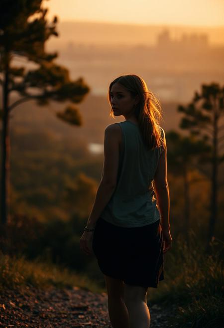 lone roguish female figure, walking away, glancing over shoulder, distant cityscape, transitioning from forest to urban environment, golden light of early morning or late afternoon, cinematic, journey progression, emotional warmth, subtle glance, candid, moment of doubt or hesitation, reflection on the journey, (forest in the background:1.2), city on the horizon, inviting introspection, natural light, dramatic lighting, depth of field, (captured naturally:1.2), (detailed background:1.3), (photorealism:1.4), 8k UHD, (blurry:-1.3), (lowres:-1.5), (ugly:-1.2), (mutated:-1.4), (worst quality:-1.4), (bad anatomy:-1.3), (cartoon:-1.1), (sketch:-1.1), (distorted proportions:-1.3), (extra limbs:-1.5), (cgi:-1.4), (extra characters:-1.5), (savanna:-1.4)