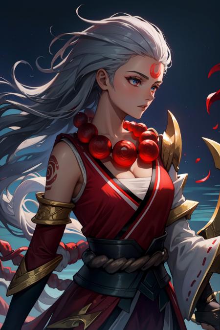 diana \(league of legends\), 1girl, bodysuit, armor, makeup blood moon diana, 1girl, kimono, bead necklace, rope, detached sleeves, bare shoulders, cleavage, white hair
