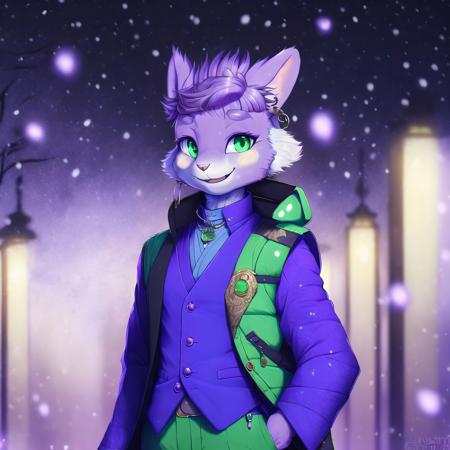 <lora:bunny_niji:1>,  furry, anthro, 

 1boy, arms up, bangs, black background, cowboy shot, earrings, formal, green eyes, grin, haruchiyo sanzu, highres, jacket, jewelry, long hair, long sleeves, looking up, male focus, pants, pink hair, purple jacket, purple pants, purple suit, purple vest, smile, solo, standing, vest