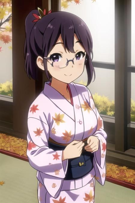 <lora:asagiri_shiori_v3-000003:0.7>, high quality, masterpiece, beautiful, 1girl, (asagiri_shiori), side ponytail, violet eyes, ((in autumn)),maple tree, falling leaves, (fluttering leaves), frameless glasses, grin, beautiful detailed pink yukata, japanese print, looking at viewer, smile