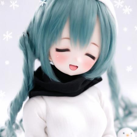 <lora:dolls:1.0>, (kukolnydom:1.0), doll, 1girl, aqua hair, black shirt, blush, breasts, closed eyes, eyebrows visible through hair, lips, long sleeves, looking at viewer, medium breasts, open mouth, shirt, short hair with long locks, sidelocks, simple background, smile, snowflake background, snowman, solo, turtleneck, twitter username, upper body, white background