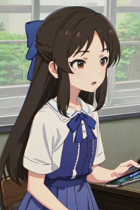 tachibana_arisu_theidolmastercinderellagirlsu149 brown_hair, long_hair, brown_eyes, bow, hair_bow, upper_body, blue_bow, closed_mouth, bangs