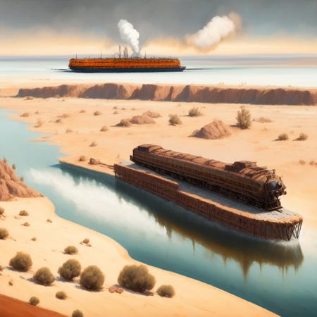 (BoneFortress:1) a painting of a train traveling through a desert, large ship in the middle of a body of water  <lora:BoneFortress:0.8>