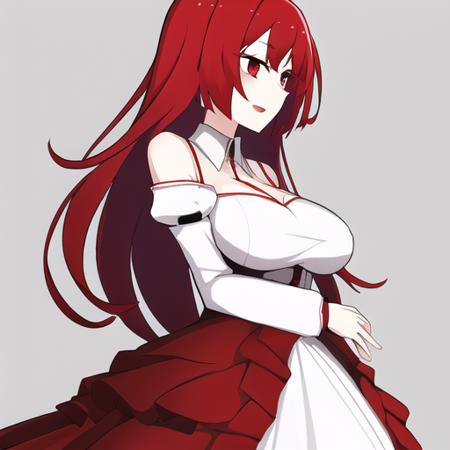 <lora:ogami2160epoch-000003:1>, 1girl, mature, red hair, red eyes, large breasts:1, white dress, simple background,