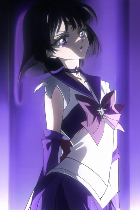 <lora:Sailor_Saturn:0.9>:Sailor_Saturn, tomoe_hotaru,black_hair, bob_cut,sailor_saturn, sailor_senshi_uniform, choker, circlet, elbow_gloves, white_gloves, knee_boots,purple_footwear, purple_sailor_collar, purple_skirt, red_bow,star_choker,