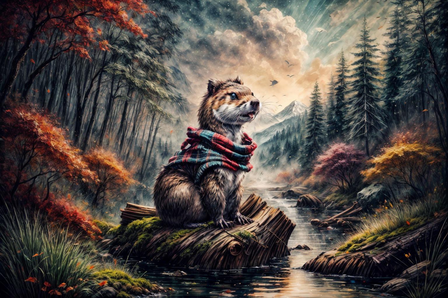 (RAW photo, 8k uhd, Analog style, Masterpiece, Best Quality, Highres:1.3), (dramatic, cinematic:1.2), BREAK,
movie shot of realistic (1beaver:1.35) wearing (sweater:1.4) (sitting:1.2) on (island on lake:1.2), (beaver tail, (paws:1.05):1.15), (holding stick:1.1), (river, detailed autumn mapple pine forest:1.2), (fabulous small house, beaver village:1.2), (mountains:1.1), (falling leaves:1.2), (wooden (logs:1.15), (moss:1.1):1.2), (morning, fluffy cloud:1.25), (godrays, light particles, colorful:1.3), looking at viewer, (frontal:1.2), BREAK,
(photorealistic, no humans:1.3), (quadruped:1.35), (wearing plaid sweater:1.35), ((scarf:1.1), cute (eyes:1.15), full body:1.1), (wildlife photo, photo by discovery channel:1.2), (fantasy fabulous dream world, shiny:1.3), (soothing calm mood:1.2), (scandinavian northern nature, outdoors, steam, waterfall, cliff, (aurora:1.05):1.1), snow, brown, (rodent teeth:1.1), BREAK,
<lora:more_details:0.8>,
<lora:zoom_slider_v1:3.8>,