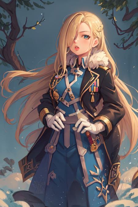 highres, sharp focus, pixiv masterpiece, ((intricate details)), highly detailed, olivier_mira_armstrong, 1girl, full body, (hair over one eye:1.2), blonde hair, long hair, lips, blue coat, jacket, military uniform, white gloves,<lora:Olivier Mira Armstrong v1_1:0.7> <lora:COOLKIDS_MERGE_V2.5:1>