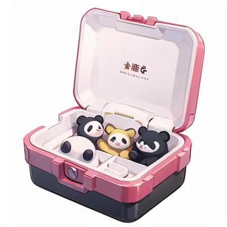 (masterpiece, top quality, best quality, official art, beautiful and aesthetic:1.2),(8k, best quality, masterpiece:1.2),(((white background,))),A pink box with a panda on the lid and a yellow stripe on the top, solo, white background, no humans