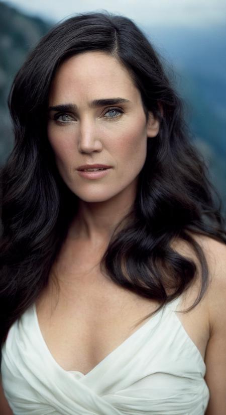 jennifer connelly (sharp focus:1.2), photo, attractive young woman, (beautiful face:1.1), detailed eyes, luscious lips, (smokey eye makeup:0.85), (medium breasts:1.0), (athletic body:1.2), (wavy hair:1.2), wearing (maxi dress:1.2) on a (cliffside:1.2). (moody lighting:1.2), depth of field, bokeh, 4K, HDR. by (James C. Christensen:1.2|Jeremy Lipking:1.1).