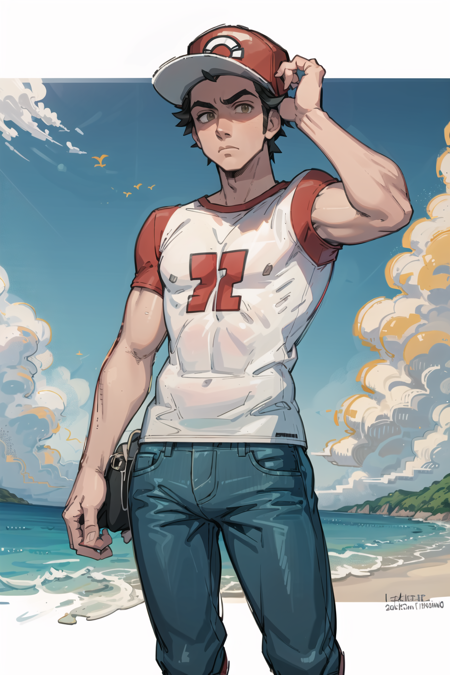 masterpiece, best quality, <lora:AdultRedLora:0.7>, red \(pokemon\), solo, 1boy, yellow shoulder bag, white shirt, red hat, jeans, serious, beach, hand on headwear, red sleeves, baseball cap,