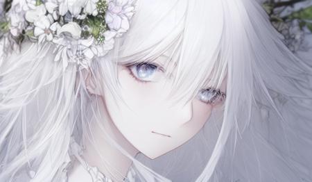 1girl; model; white wedding dress; white hair; white eyes; flowers; studio illustration; hitokomoru-style