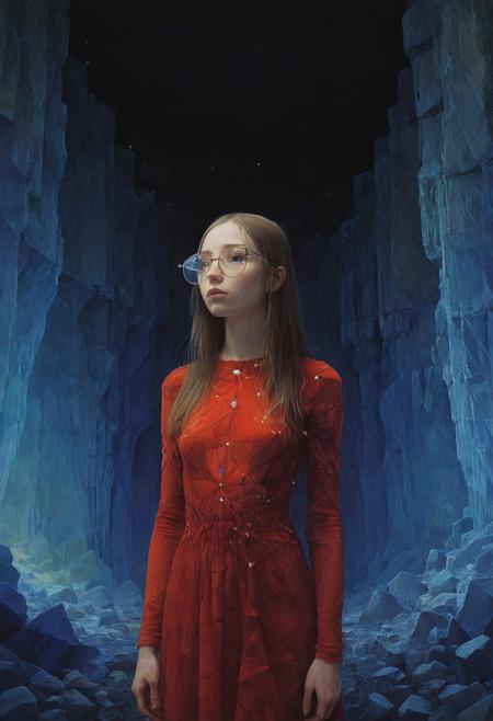 cavern, thin arms, thin legs, cute, eyelashes, long hair, 1girl, 19 years old, cute, pale skin, snub nose, vivid colors, ((petite body)), small breasts, extremely detailed, crystal dress, portrait, round glasses, holding crystal, digital artwork by Beksinski, black theme, red theme