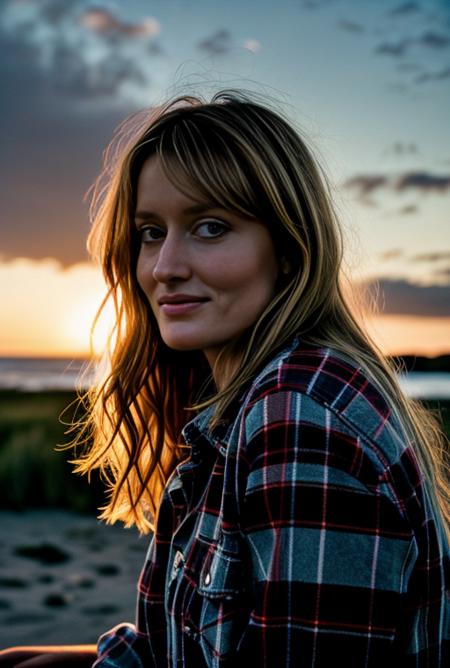 side view,award winner photo of actress natascha mcelhone,  light brown hair blonde woman, 35 years old, (a woman looking at the skies:1.4),sitting at the beach,  at night,  pale skin, (skin spots), (shy smile), wearing a (lumberjack shirt and dennis pants:1.2), looking at the night skies, sharp focus, highly detailed skin, skin details, natural lighting,35mm, film grain  <lora:lcm-lora-sdv1-5:1>